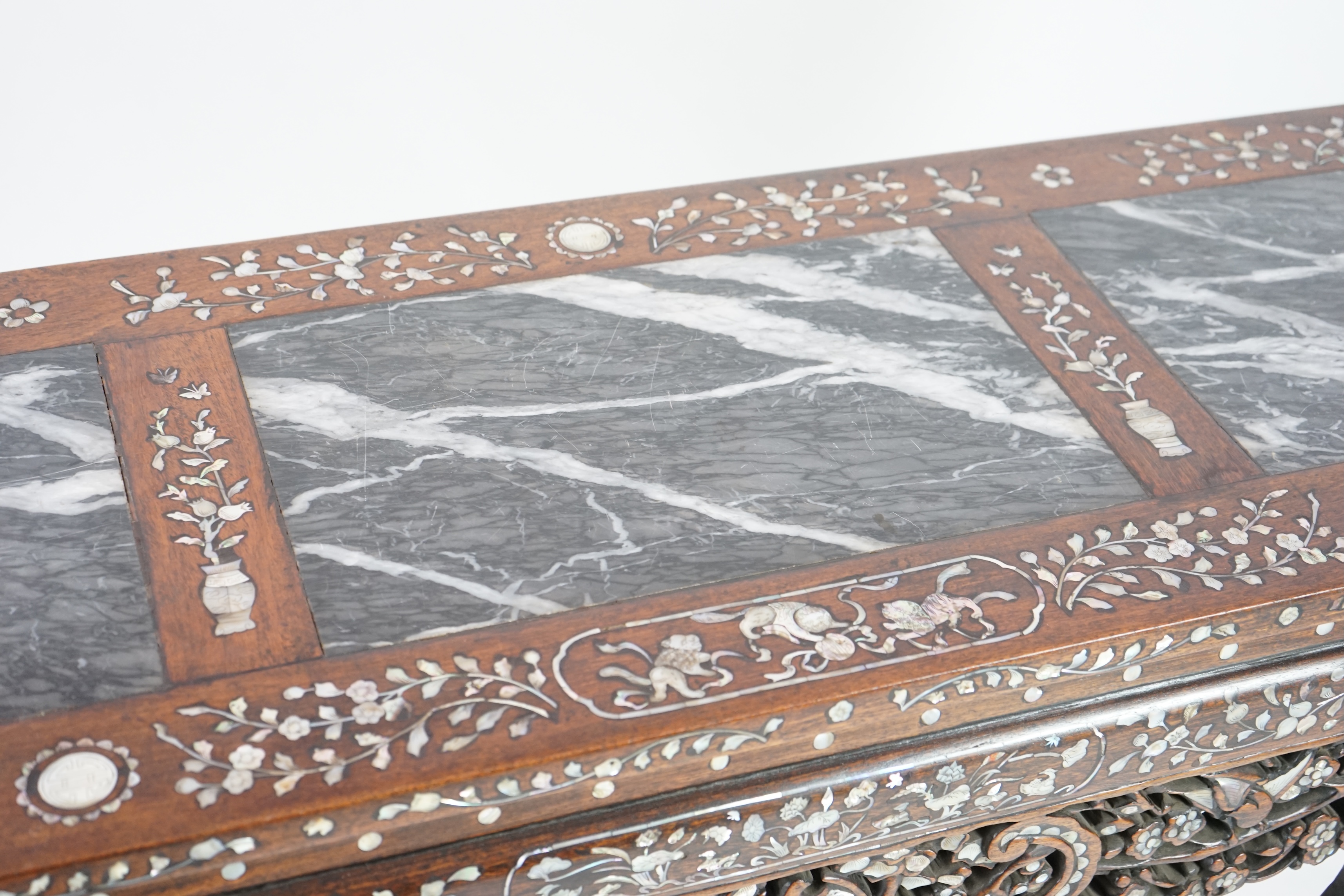 A good Chinese mother-of-pearl inlaid and marble topped hongmu altar table, late 19th/early 20th century